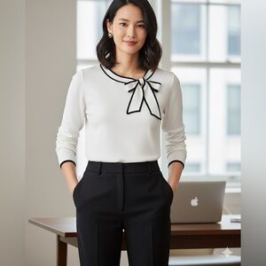 J.Crew Tie-Neck Sweater White with Black Trim (Size L)